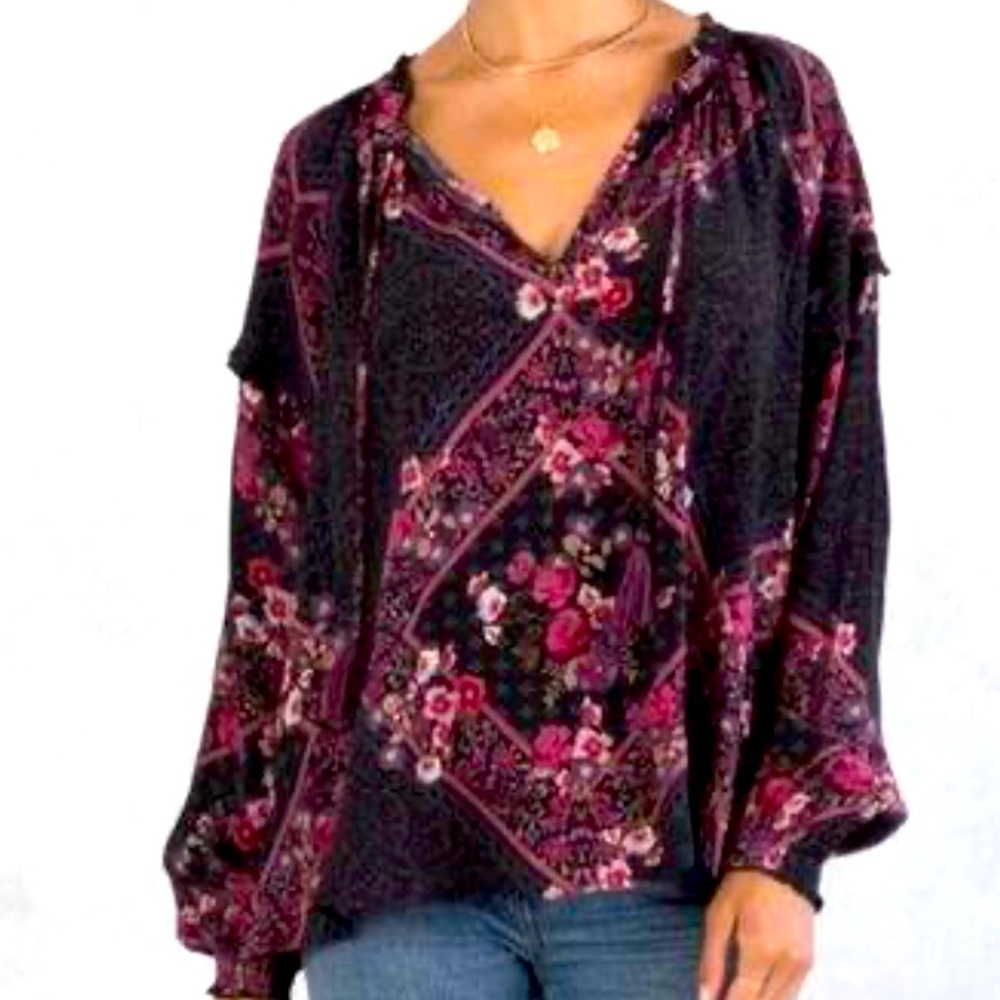 Love Stitch Black Plum Boho Split Neck Floral Ruffle Trim Top